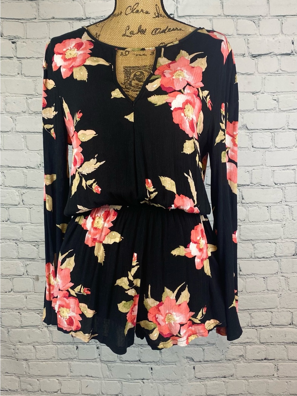 Mimi Chica Crinkly Black Floral Long Flare Sleeve Romper with Pink Blooms